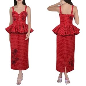 Fanm Mon Peplum Tweed Midi Pencil Dress in Red XS Embroidered‎ Corset Bodice
